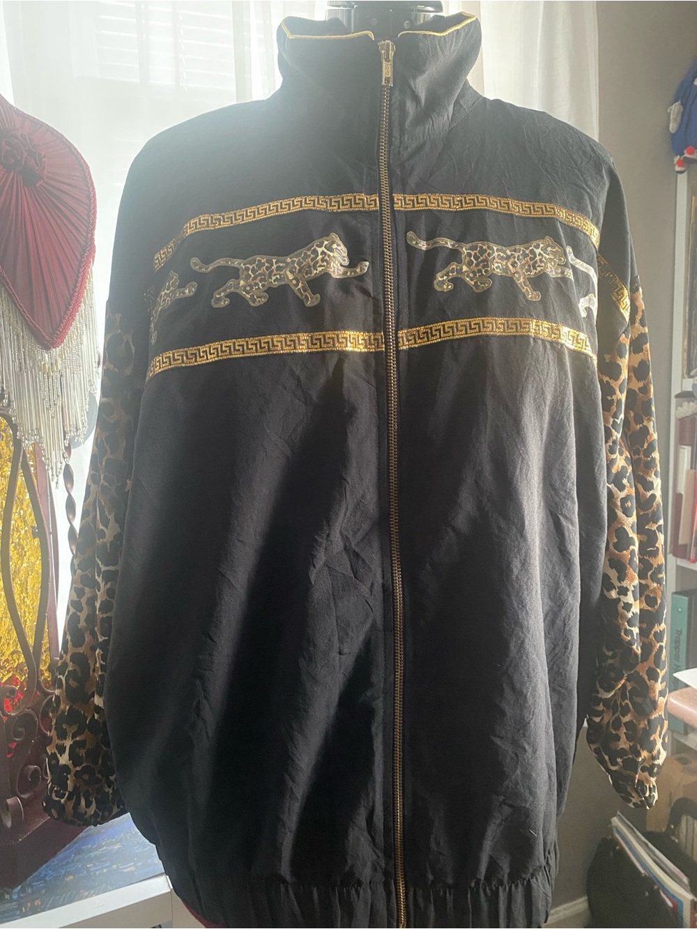 Black & Gold Leopard-Accent 1990s windbreaker jacket